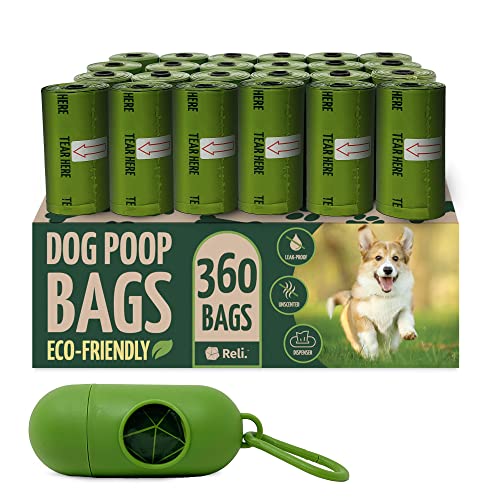 Reli. Biodegradable Dog Poop Bags w/Holder (360 Bags - 24 Rolls) | 9x13" Large Dog Bags for Poop w/Dispenser | Green, Eco-Friendly Doggie Poop Bag |Oxobiodegradable Pet Waste Bag Refills | Unscented