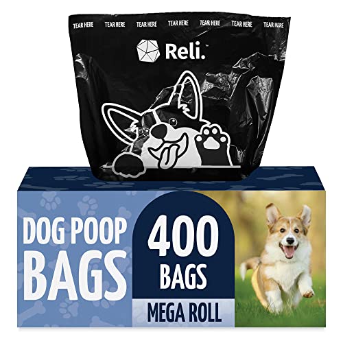 Reli. Dog Poop Bags (400 Bags - Large Single Roll) | Dispenser Box | 9x13" Large Dog Bags for Poop | Doggie Poop Bags | Black Pet Waste Bags for Yard Pickup | Bulk Single Roll | Unscented, Leak Proof