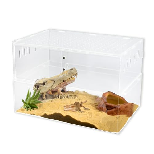 Reptile Terrarium Tank, Hermit Crab Bearded Dragon Jumping Spider Enclosure Cage, Tarantula Chameleon Snake Lizard Leopard Gecko Habitat Feeding Breeding Box for Amphibian, Clear Acrylic, 16x8x8 Inch