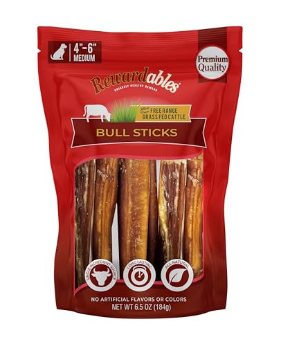 Rewardables Bully Stick,4-6" Single-Ingredient, Premium, All-Natural Grass-Fed Bull Stick, Long Lasting Dog Chew for Aggressive Chewers - 6.5 oz | for Small Dogs