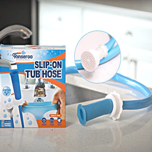 Rinseroo Tub Faucet Hose and Sprayer, Slip-On Bathtub Shower Attachment. 5 Foot Hose Fits Spouts up to 3” Wide for Washing Hair, Baby, & Dogs. Pet Hose Sprayer for Bathroom Tub Faucet