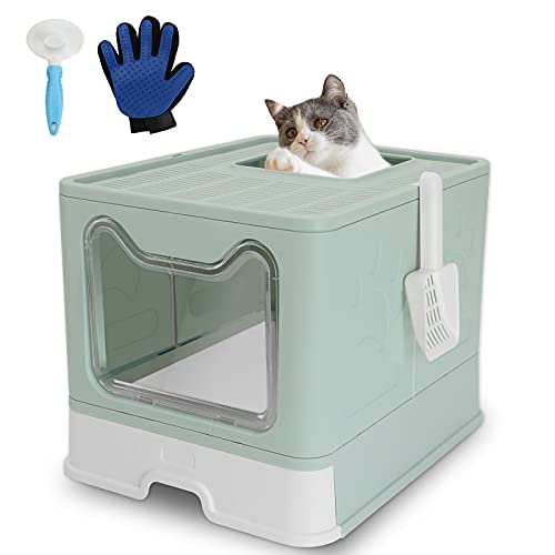 ROCCS Foldable Cat Litter Box with Lid,No Smell Large Top Entry Litterbox with Cat Litter Scoop,Covered Drawer Type Kitty Potty,Including Brush & Cleaning Glove,Blue 20" x 16" x 15"