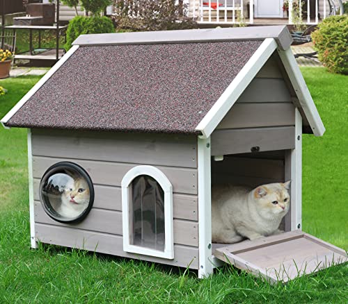 Rockever Outdoor Cat House, Feral Cat House Outdoor Weatherproof with Escape Door and Clear Windows for 2 Cats (Grey