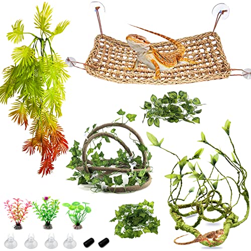 RUNANIA Bearded Dragon Tank Accessories, Reptile Hammock Terrarium Plants and Vines Jungle Climbing Habitat Decor with Suction Cups for Bearded Dragon Leopard Gecko Lizard Snake Chameleon