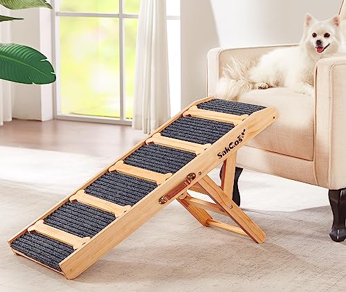 Sakgos Dog Ramp for Bed, Adjustable Pet Ramp for Couch, Dog Ramp for High Bed Small Dog to Large Dog, Natural Wooden Folding Portable Dog Cat Ramp for Bed Car and Sofa，Non Slip Carpet Surface