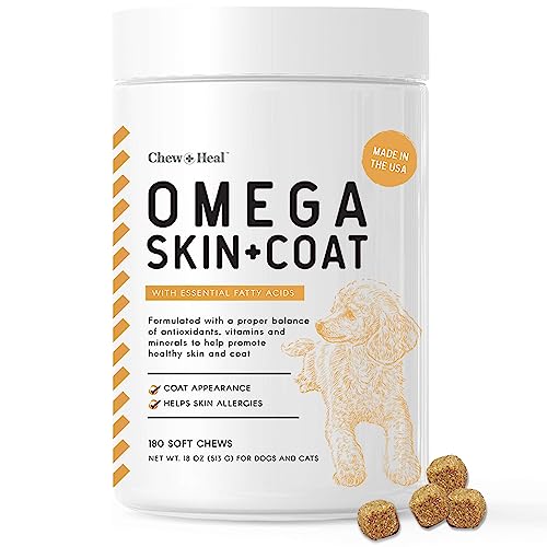 Salmon Oil for Dogs - 180 Soft Chew Omega Treats for Skin and Coat - Fish Oil Blend of Essential Fatty Acids, Omega 3 and 6, Vitamins, Antioxidants and Minerals - Made in USA