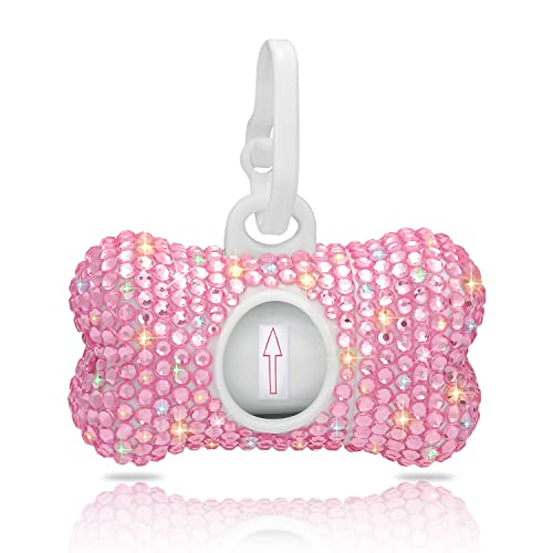 SAVORI Dog Poop Bag Holder Bling Crystal Dog Waste Bags Dispenser for Pet Dog Doggy with Carabiner Clip Includes 1 Roll 15 Bags (Pink)