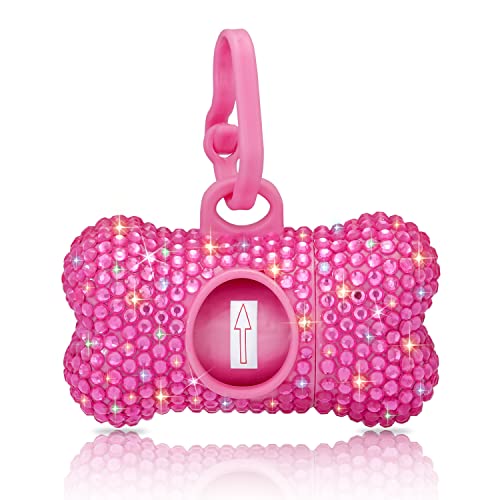 SAVORI Dog Poop Bag Holder Bling Crystal Dog Waste Bags Dispenser for Pet Dog Doggy with Carabiner Clip Includes 1 Roll 15 Bags (Hot Pink)