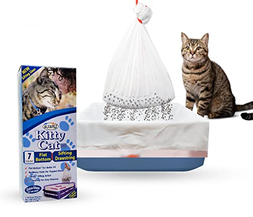 Self Sifting Kitty Litter Box Liners, Set of 7 - Flat Base Disposable Cat Waste Tray Bags for Pet Poop - XL Design for Large Trays - With Inbuilt Drawstring Handles - Liner Fits the Corner of the Pan