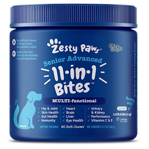 Senior Advanced Multifunctional Supplement for Dogs – Glucosamine & Chondroitin for Hip & Joint Support - Psyllium & Enzymes for Gut & Immune Health – Fish Oil, Antioxidants for Skin, Heart & Brain