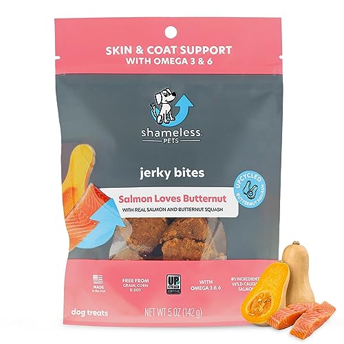 Shameless Pets Jerky Dog Treats, Salmon Loves Butternut - Healthy Dog Chews for Dogs Skin & Coat with Omega 3 & 6 - Dog Treats with Real Wild-Caught Salmon - Free from Grain, Corn & Soy - 1-Pack