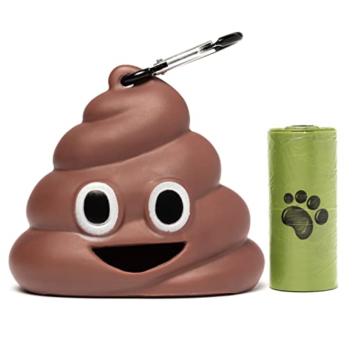 Silicone Poop Emoji Dog Poop Bag Holder/Dispenser with Carabiner Clip for Hands-Free use and roll of Perforated Waste Bags Included Inside Dispenser (Comes Fully Assembled) 3.5 x 2 x 3 in.