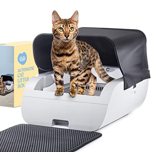 Smart Automatic Cat Litter Box - Self Cleaning Cat Litter Box with Built in Odor Eliminator -Works with Clumping Cat Litter (No Expensive Refills) Large Cat Litter Box with Hood & Litter Mat.