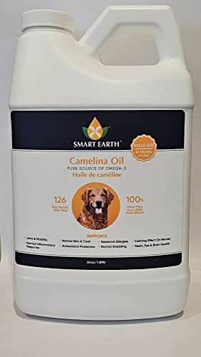 Smart Earth Camelina Oil for Dogs - Omega 3, 6, 9 Supplement for Healthy Skin, Shiny Coat & Flexible Joints - Dog Joint Supplement - Natural Canine Wellness - Omega 3 for Dogs (Pump Included - 64oz)