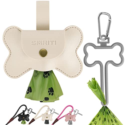 SMRITI Leather Dog Poop Bag Holder with Dispenser and 2 Kinds Leash Clip, Dog Poop Bag Dispenser Great for Dog Poop Bag, Dog Waste Bags, Poop Bags For Dogs,no bags include (Beige)