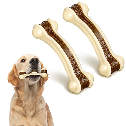 Sosation Bones Shaped Dog Toys for Aggressive Chewers, 2 Pack Dog Chew Toys Nylon Beef Flavor Indestructible Dog Teething Toys for Large/Medium/Small Puppies Breeds(Medium, Curved Bone)