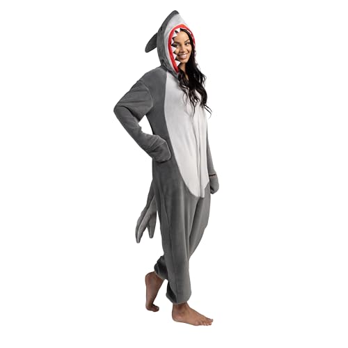 Spooktacular Creations Women Shark Pajama Plush Costume with Hat Tail for Dress Up Role Play Party Halloween Costume-M