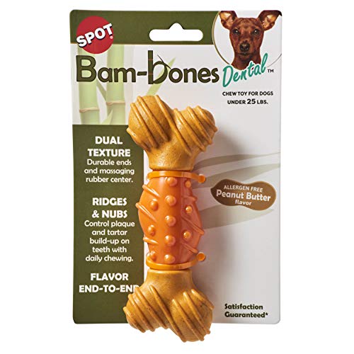 SPOT by Ethical Products Bam-Bones Dental Bone Dog Chew Toy | Durable Allergen Free Peanut Butter-Flavored Bamboo Fiber for Aggressive Chewers, Including Puppies | 6”, Medium