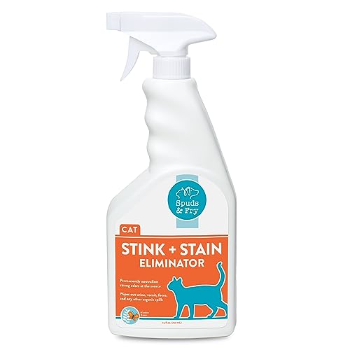 Spuds and Fry Cat Odor Eliminator, Cat Stain Remover Spray for Home, Removes Cat Pee, Smells, Stains from Carpet, Rugs, Hard Surfaces, and Upholstery, Meadow Breeze Scent, Ready-to-Use Liquid (24 oz.)