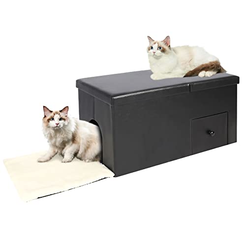 Stonehomy Cat Litter Box Enclosure Furniture Hidden, Cat Washroom Bench Storage Cabinet with Waterproof Mat for Large Cats, Dog Proof, Black