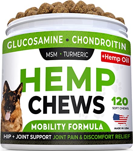 STRELLALAB Hemp Treats + Glucosamine for Dogs - Hip & Joint Supplement - w/Hemp Oil + Protein - Chondroitin, MSM, Turmeric to Improve Mobility & Energy - Natural Joint Pain Relief, 120 Chews