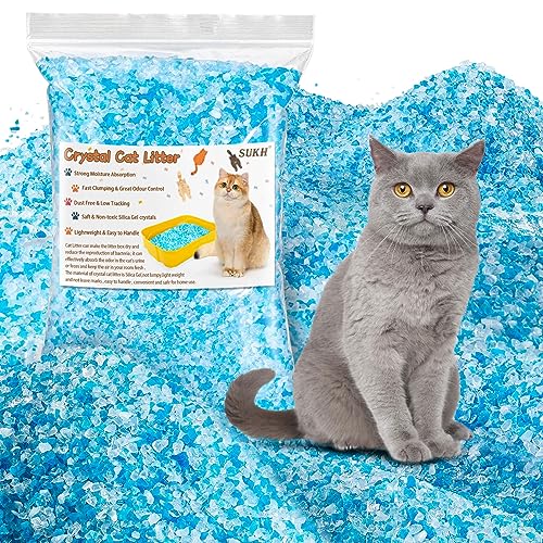 Sukh 2.8 lbs Crystal Cat Litter - Cat Litter Crystals Blue White Clear Dust-Free Low Tracking Odor Control Litter Crystals Silica Gel Color Particles Water Absorption Pet Supplies Cats Litter