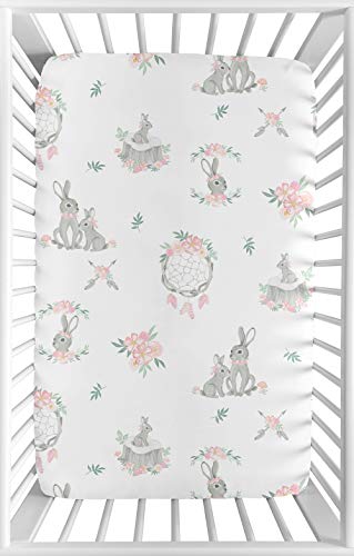 Sweet Jojo Designs Blush Pink and Grey Woodland Boho Dream Catcher Arrow Gray Bunny Floral Baby Girl Baby Nursery Fitted Mini Portable Crib Sheet - Watercolor Rose Flower