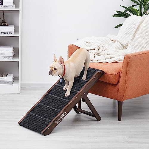 SweetBin 18" Tall Adjustable Pet Ramp - Suitable for All Dogs - Wooden Folding Portable Dog & Cat Ramp Perfect for Couch or Bed with Non Slip Carpet Surface - 4 Levels Height Adjustable Up to 90Lbs