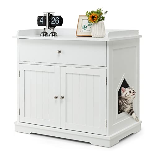 Tangkula Litter Box Enclosure, Cat Litter Box Furniture Hidden with Large Drawer, 2 Doors, Indoor Cat Washroom Storage Bench Side Table Cat House, Large Wooden Enclosed Litter Box Cabinet (White)