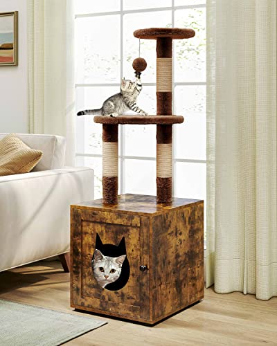 TC-HOMENY Cat Litter Box Enclosure,Hidden Cat Washroom Furniture with Cat Tree Tower, Enlarged Cat House with Sisal-Covered Scratching Post，Rustic Brown