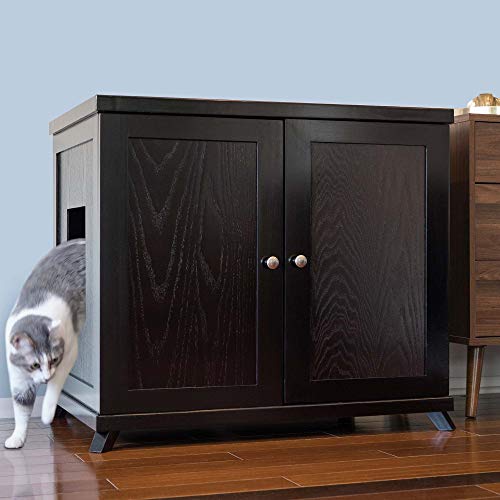 THE REFINED FELINE Cat Litter Box Enclosure Cabinet, Modern, Black Espresso, Mid-Century Feet, XLarge, Hidden Litter Cat Furniture with Drawer