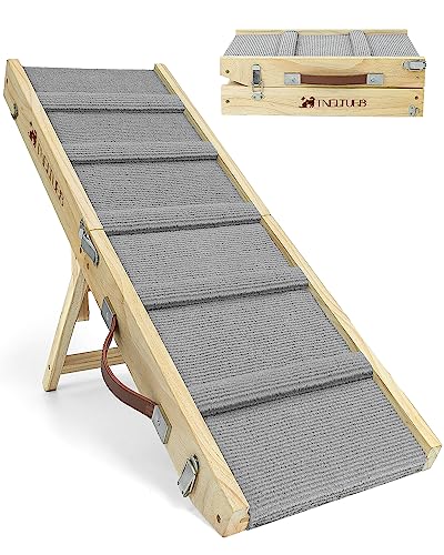 TNELTUEB Small Dog Ramp, 32.6" Long and 11.8" Wide Wooden Folding Portable Pet Ramp, Adjustable from 10" to 19" with Non-Slip Traction Mat, Dog Step for Car, Bed, Couch, Rated for 30 LBS(Light Grey)