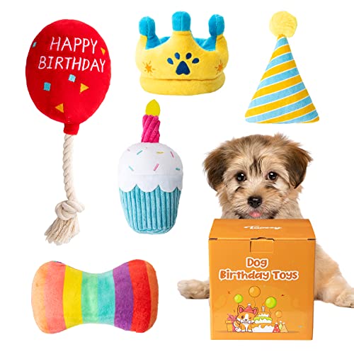 Toozey Birthday Theme Puppy Toys, 5 Pack Dog Squeaky Toys for Teething Small Dogs, Durable Puppy Teething Chew Toys for Small Medium Dogs, Stuffed Plush Puppy Chew Toys, Dog Birthday Gift Toys