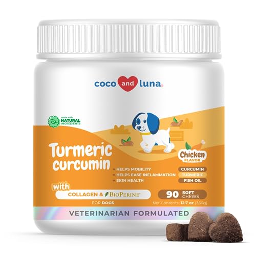 Turmeric Curcumin for Dogs - 90 Soft Chews - with Collagen, BioPerine and Fish Oil - Hip & Joint Support, Ease Inflammation, Antioxidant, Cardiovascular & Liver Support. (Soft Chews)