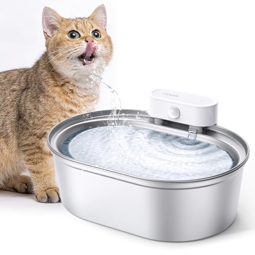 uahpet Cat Water Fountain Stainless Steel, 67oz/2L Battery Operated Wireless Cat Water Fountain Dog Water Dispenser with 6 Replacement Filters, Ultra-Quiet Water Separation Pump, Dishwasher Safe