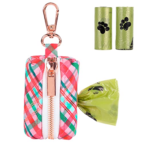 Unique style paws Christmas Plaid Dog Poop Bag Holder Reusable Waste Bag Dispenser for Travel,Park and Outdoor Use Includes 2 Roll Dog Poop Bags-Pink & Green