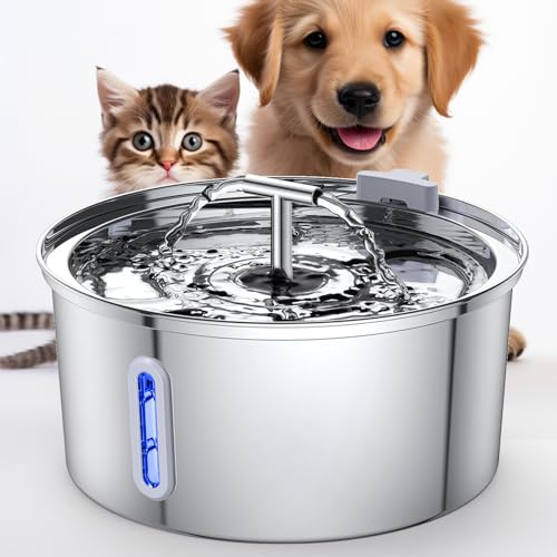 ValueTalks108oz/3.2L Stainless Steel Cat Water Fountain, Automatic Pet Water Fountain Dog Water Dispenser with Water Level Window, Double Outlet for Cats and Dogs Inside, Ultra-Quiet & Easy Cleaning