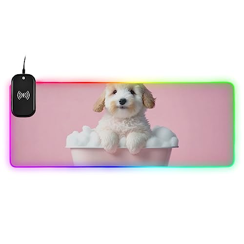 VEKELEE Cute Puppy Dog in Bathtub Gaming Mouse Pad Wireless Glowing Mouse Pad with 14 Lighting Effects, Non-Slip Rubber Base, Suitable for Gamers 35.4x15.7In