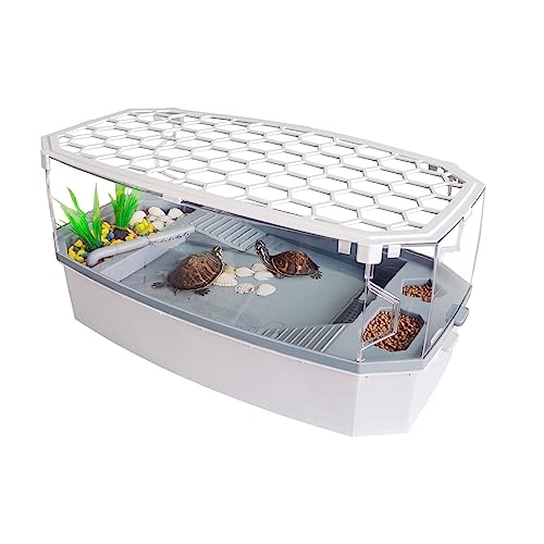 VERABE Small Turtle Tank with Lid, Acrylic Turtle Aquarium with Basking Platform, Full View Visually Reptile Tortoise Habitat, Easy to Clean and Change Water, Multi Functional Area, Medium, White