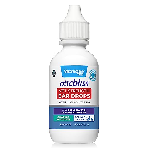 Vetnique Labs Oticbliss Vet-Strength Ear Drops for Dogs & Cats with MicroSilver BG & 1% Hydrocortisone Soothing Relief for Irritated Ears Dog Ear Cleaner, Alcohol-Free Ear Drops with Chitosan 1.8oz