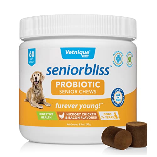 Vetnique Labs Seniorbliss Aging Dog (7+) Senior Dog Vitamins and Supplements, Supports Heart, Allergy, Arthritis, Skin and Coat - furever Young (Probiotic Chew, 60ct)