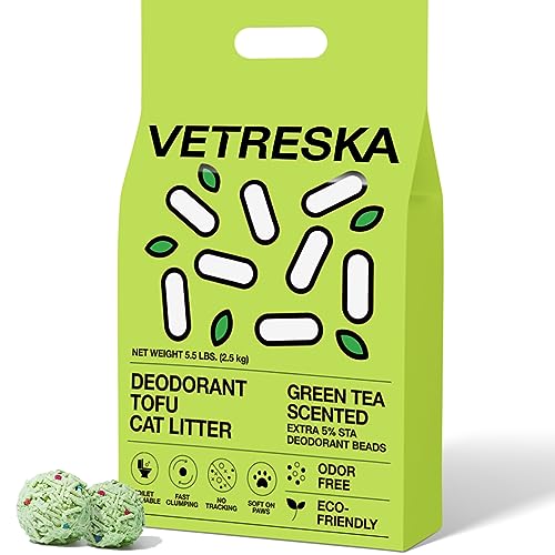 VETRESKA Tofu Cat Litter,Natural Pretty Kitty Litter Strong Clumping Cat Litter Odor Control Ultra Absorbent Water Flushable Tofu Litter,Tidy Dust-Free Eco-Friendly,Green Tea