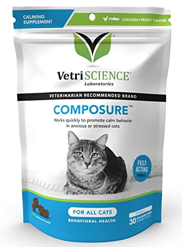 VETRISCIENCE Composure Calming Supplement for Cats – Cat Calming Treats for Anxiety Relief, Travel, Indoor Cats, Grooming, Vet Visits, Daily Stress, Multi-Cat Households