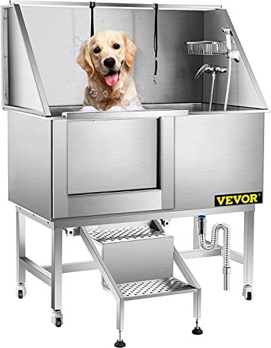 VEVOR 50 Inch Dog Grooming Tub, Professional Stainless Steel Pet Dog Bath Tub, with Steps Faucet & Accessories Dog Washing Station Left Door