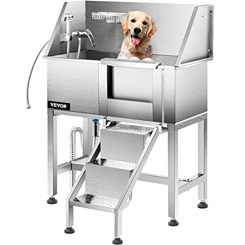 VEVOR Dog Grooming Tub, 38" Pet Wash Station, Professional Stainless Steel Pet Grooming Tub Rated 180LBS Load Capacity, Non-Skid Dog Washing Station Comes with Ramp, Faucet, Sprayer and Drain Kit