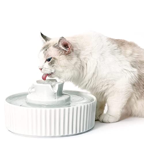 VinDox 360 Ceramic Cat Fountain, 2.1L Pet Drinking Fountain for Cat and Dog, Cat Fountain Porcelain, Cat Water Dispenser with Activated Carbon Filter and Sponge Foam Pre-Filter (White)