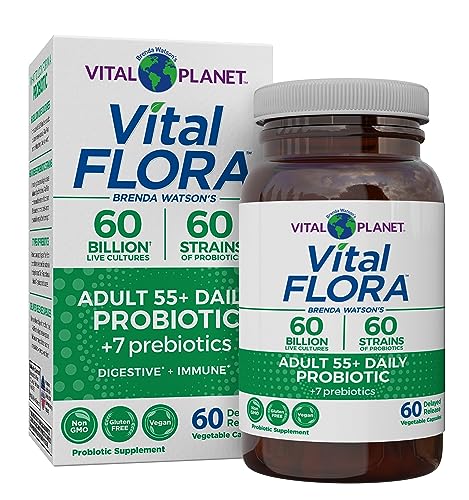 Vital Planet - Vital Flora Adult 55+ Probiotic with 60 Billion Cultures and 60 Strains, Immune and Digestive Support Probiotics for Women and Men with Organic Prebiotics, 60 Capsules