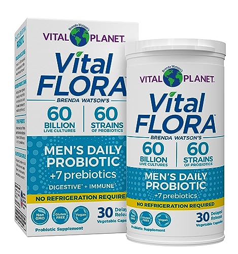 Vital Planet - Vital Flora Men’s Daily Shelf Stable Probiotic Supplement with 60 Billion Cultures and 60 Strains, Digestive Support Probiotics for Men with Organic Prebiotics, 30 Capsules