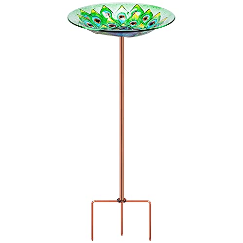 VIVOHOME 29.5 Inch Height Peacock Small Glass Garden Bird Bath with Metal Stake for Outdoors