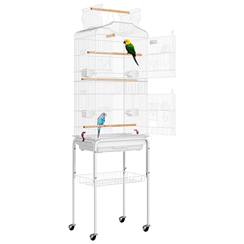 VIVOHOME 59.8 Inch Wrought Iron Bird Cage with Play Top and Rolling Stand for Parrots Conures Lovebird Cockatiel Parakeets White